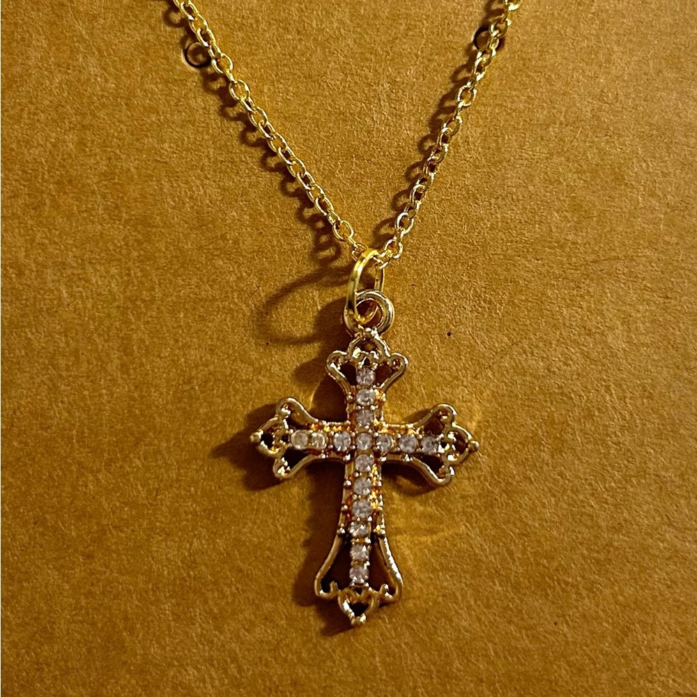 Gold Plated Gem Chrome Heart Cross Necklace
